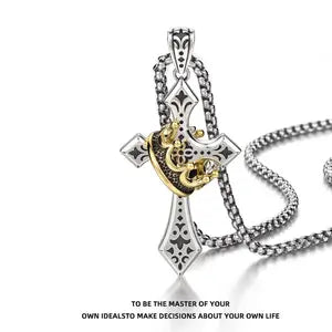 Unisex Vintage Cross and Crown Pendant Necklace, featuring a vintage Thai silver cross design
