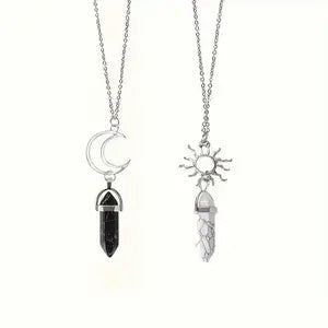 Sun and Moon Matching Necklaces for Couples - Yin Yang Black and White Crystal Point Pendant Necklaces