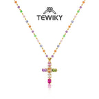 TEWIKY 14K Gold-Plated Gold Spacer Beads / Multicolor Cubic Zirconia Cross Pendant Necklace, Jewelry Necklace, Fashion Accessory Gift, Women's Everyday Casual Match Item