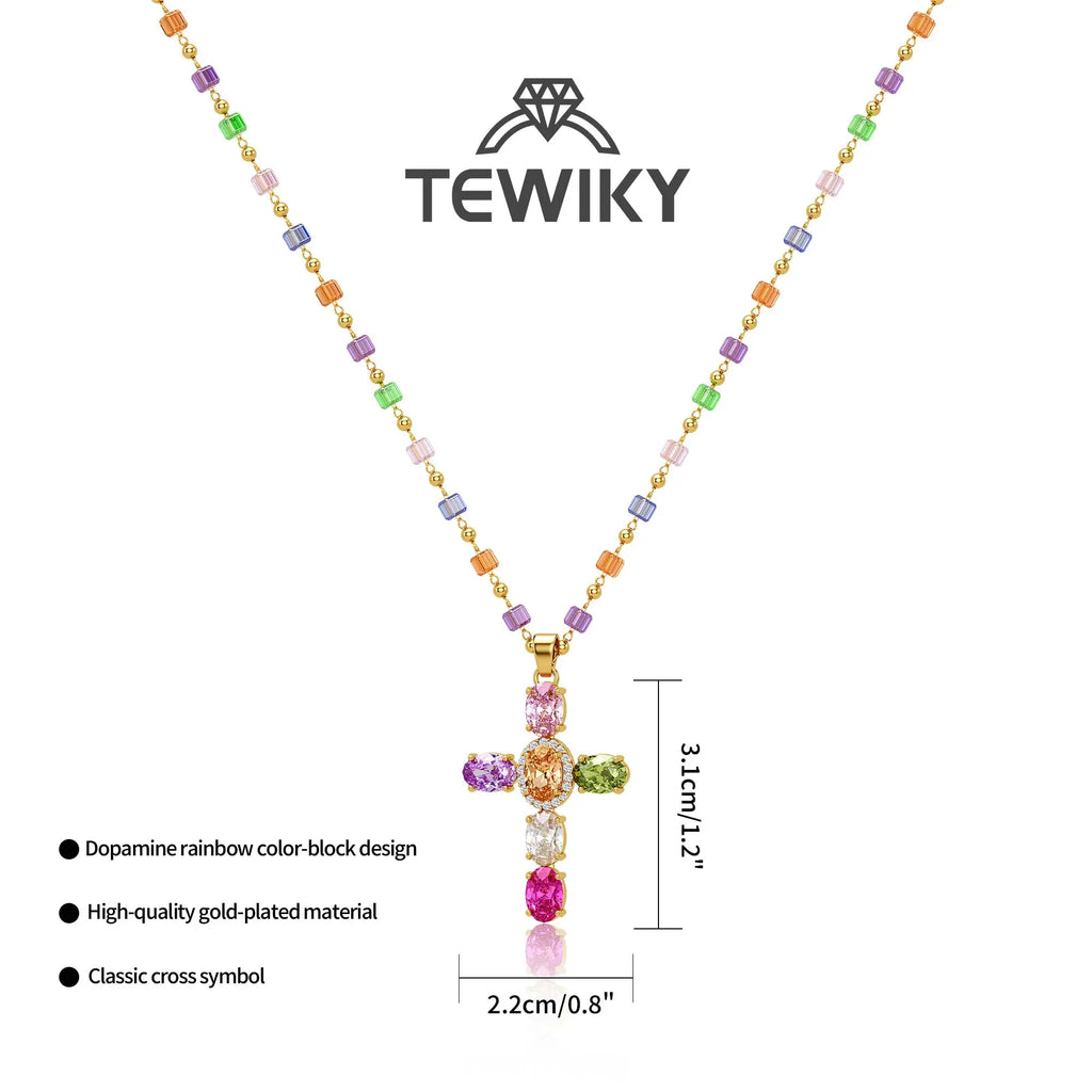 TEWIKY 14K Gold-Plated Gold Spacer Beads / Multicolor Cubic Zirconia Cross Pendant Necklace, Jewelry Necklace, Fashion Accessory Gift, Women's Everyday Casual Match Item