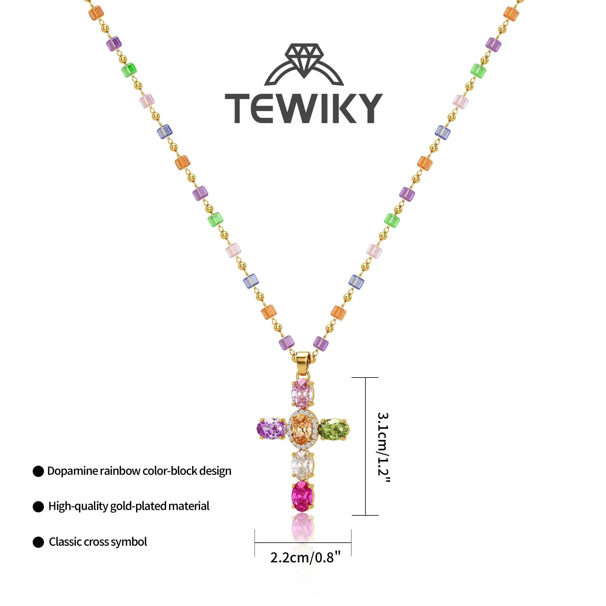 TEWIKY 14K Gold-Plated Gold Spacer Beads / Multicolor Cubic Zirconia Cross Pendant Necklace, Jewelry Necklace, Fashion Accessory Gift, Women's Everyday Casual Match Item