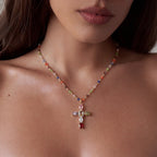 TEWIKY 14K Gold-Plated Gold Spacer Beads / Multicolor Cubic Zirconia Cross Pendant Necklace, Jewelry Necklace, Fashion Accessory Gift, Women's Everyday Casual Match Item