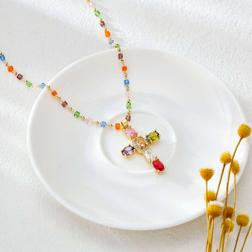 TEWIKY 14K Gold-Plated Gold Spacer Beads / Multicolor Cubic Zirconia Cross Pendant Necklace, Jewelry Necklace, Fashion Accessory Gift, Women's Everyday Casual Match Item