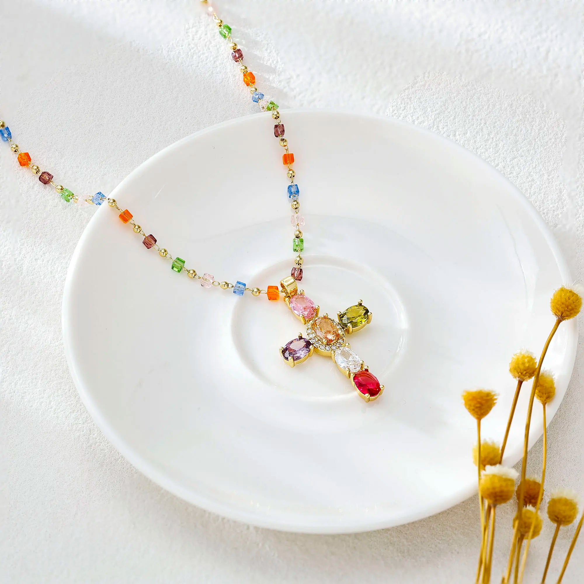 TEWIKY 14K Gold-Plated Gold Spacer Beads / Multicolor Cubic Zirconia Cross Pendant Necklace, Jewelry Necklace, Fashion Accessory Gift, Women's Everyday Casual Match Item